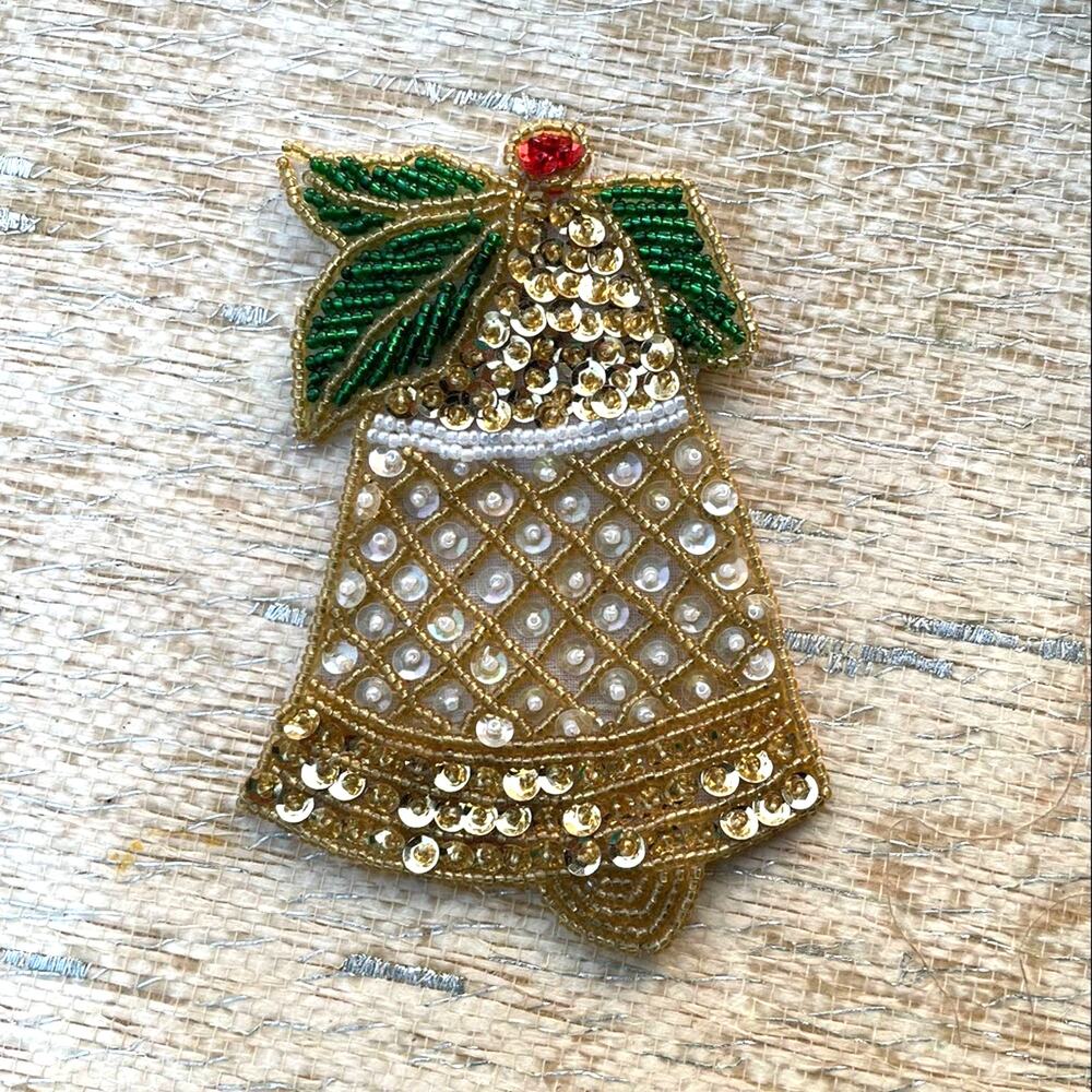 Vintage Christmas Bell Patch Embellishment Sequin Beaded Pin